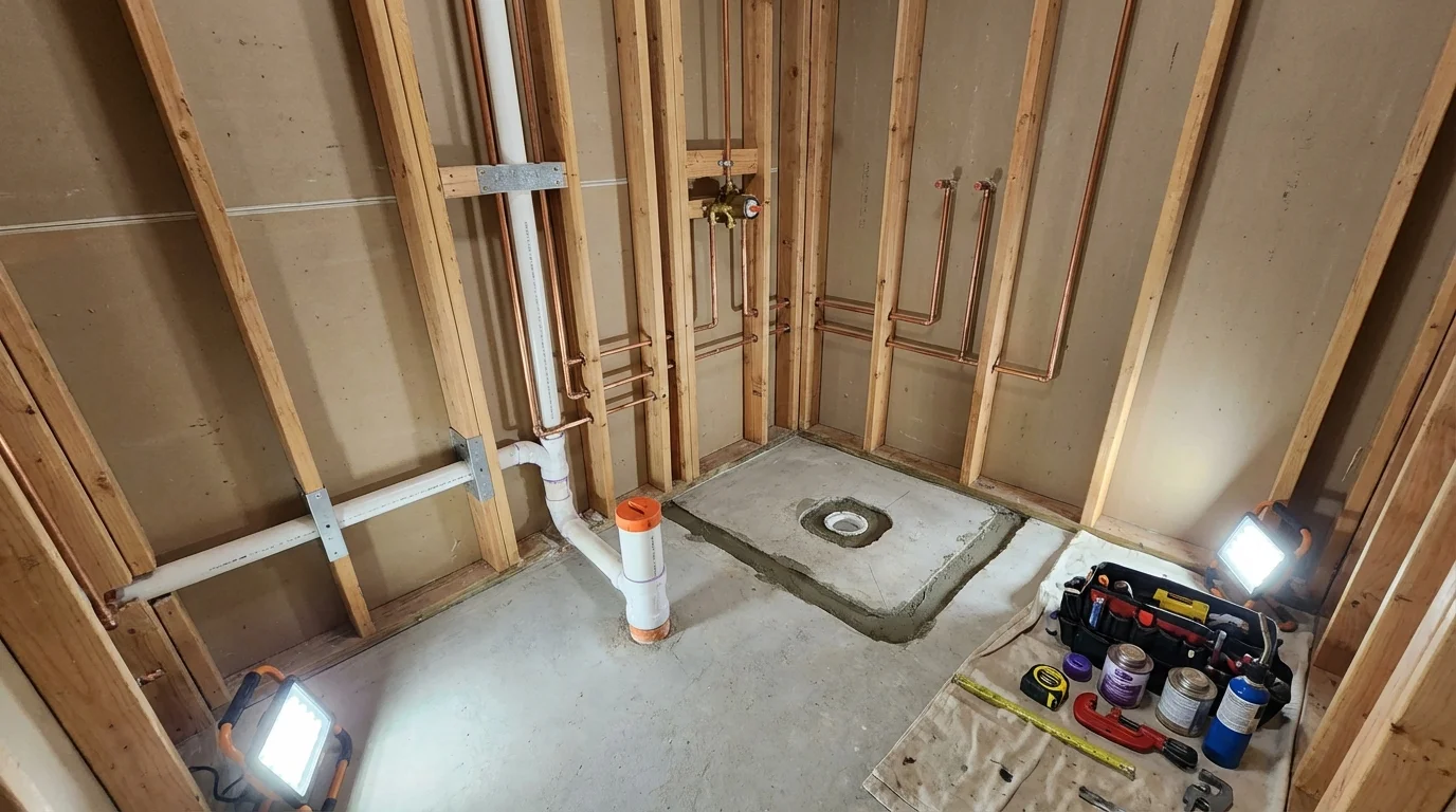 Bathroom rough-in plumbing during remodel by Johns Plumbing LLC in Poynette