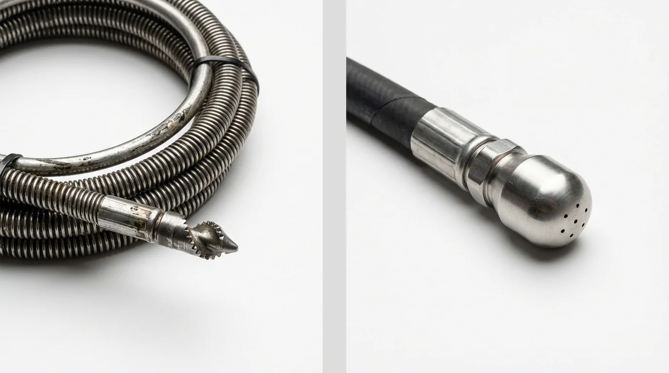 Drain snake cable and hydro jetting nozzle used for drain cleaning in Poynette, WI