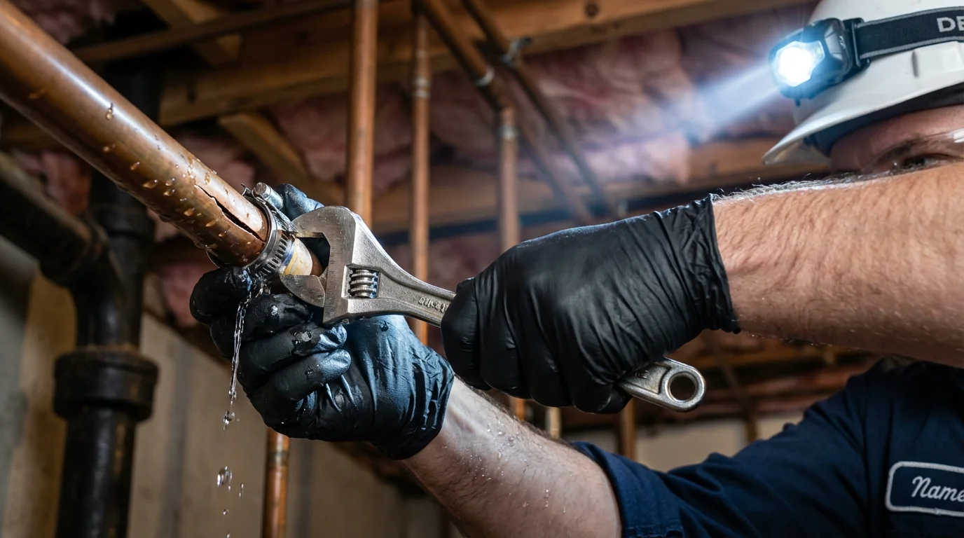 Emergency pipe clamp repair being performed by a Johns Plumbing LLC plumber in Poynette