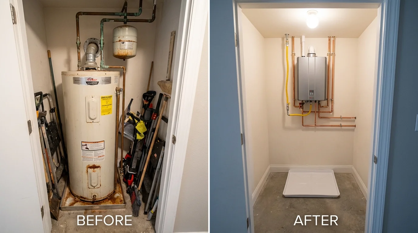 Tank water heater versus wall-mounted tankless unit comparison for Poynette, WI homeowners