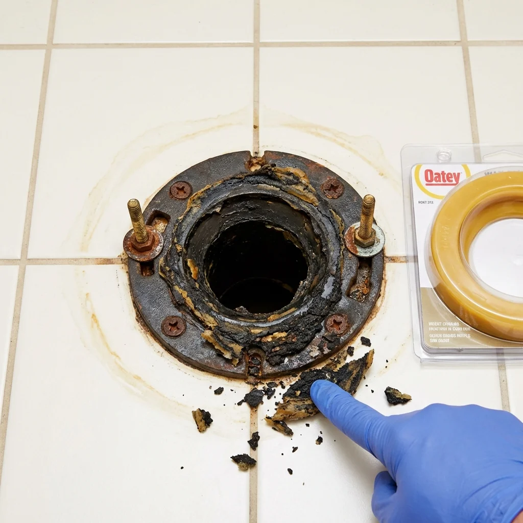Failed wax ring showing water seepage at the base of a toilet in a Poynette, WI home