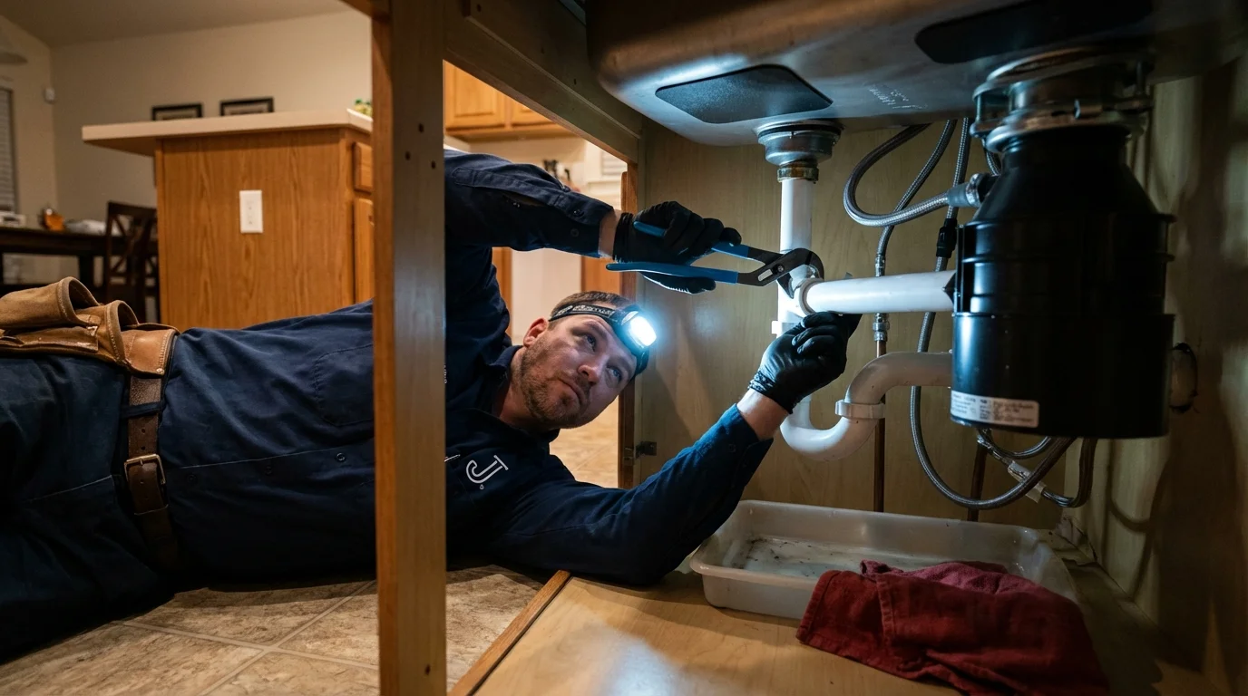 P-trap and supply line connections under a kitchen sink showing a common leak point in Poynette, WI